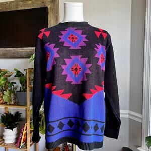 Vintage 80s Southwestern Black Purple Blue Aztec Knit Sweater Size Large